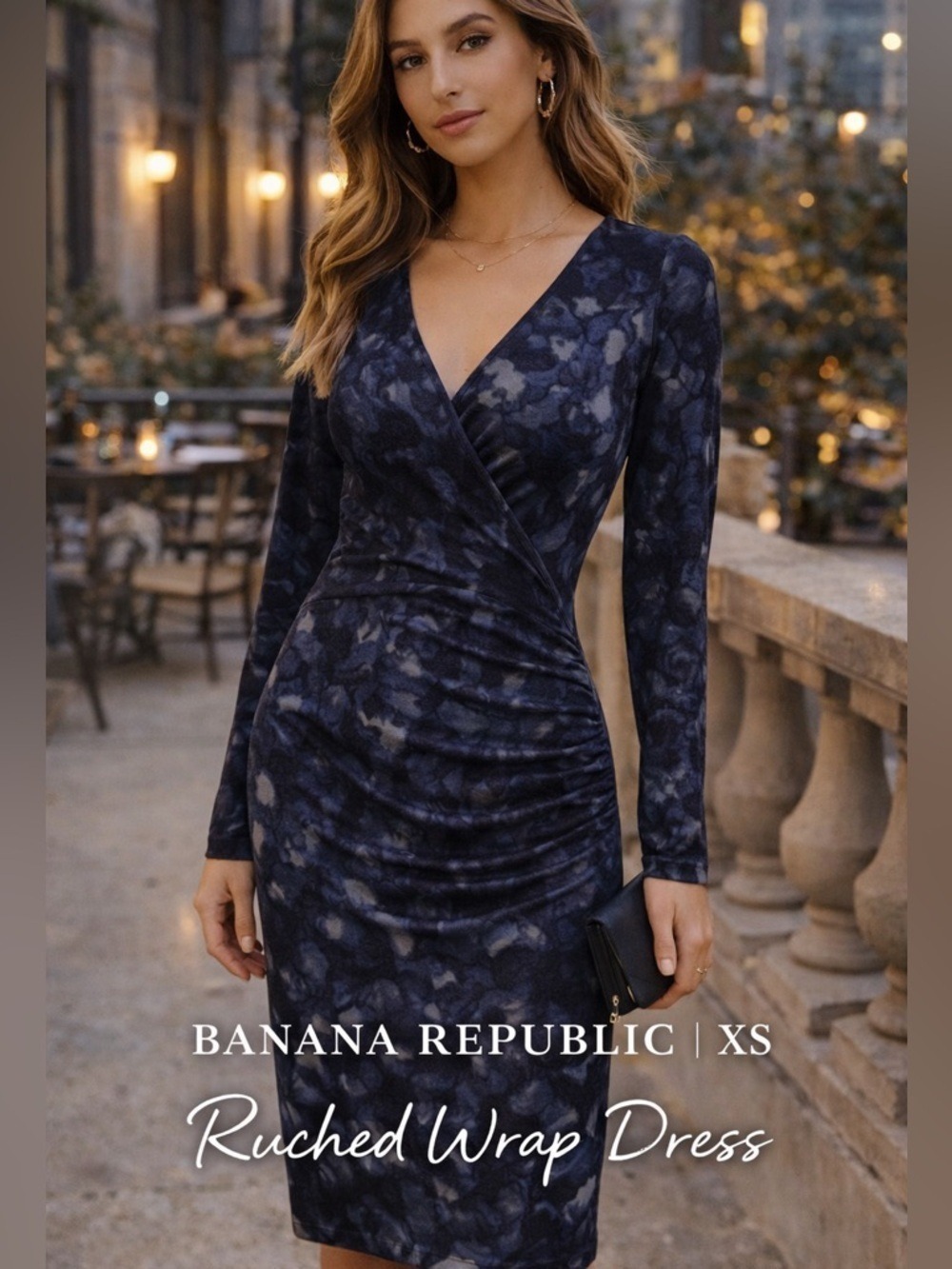 Banana Republic Wrap Dress XS Navy Blue Abstract Ruched Long Sleeve